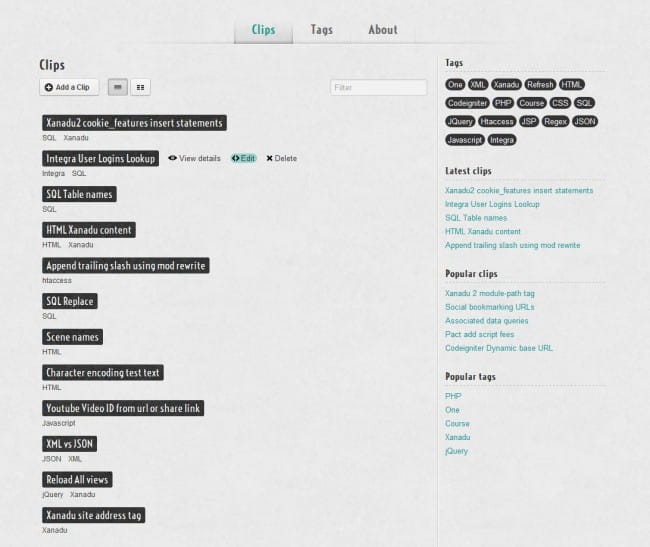 Main view showing the latest added code clips